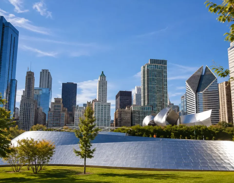 Chicago Skyline Over Reflective Millennium Park Sculpture