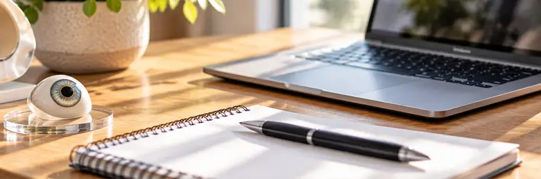 Photo of a desk with laptop and notebook
